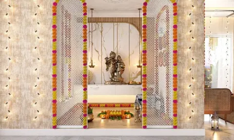 Grand Walk-In Pooja Room with Marble Platform